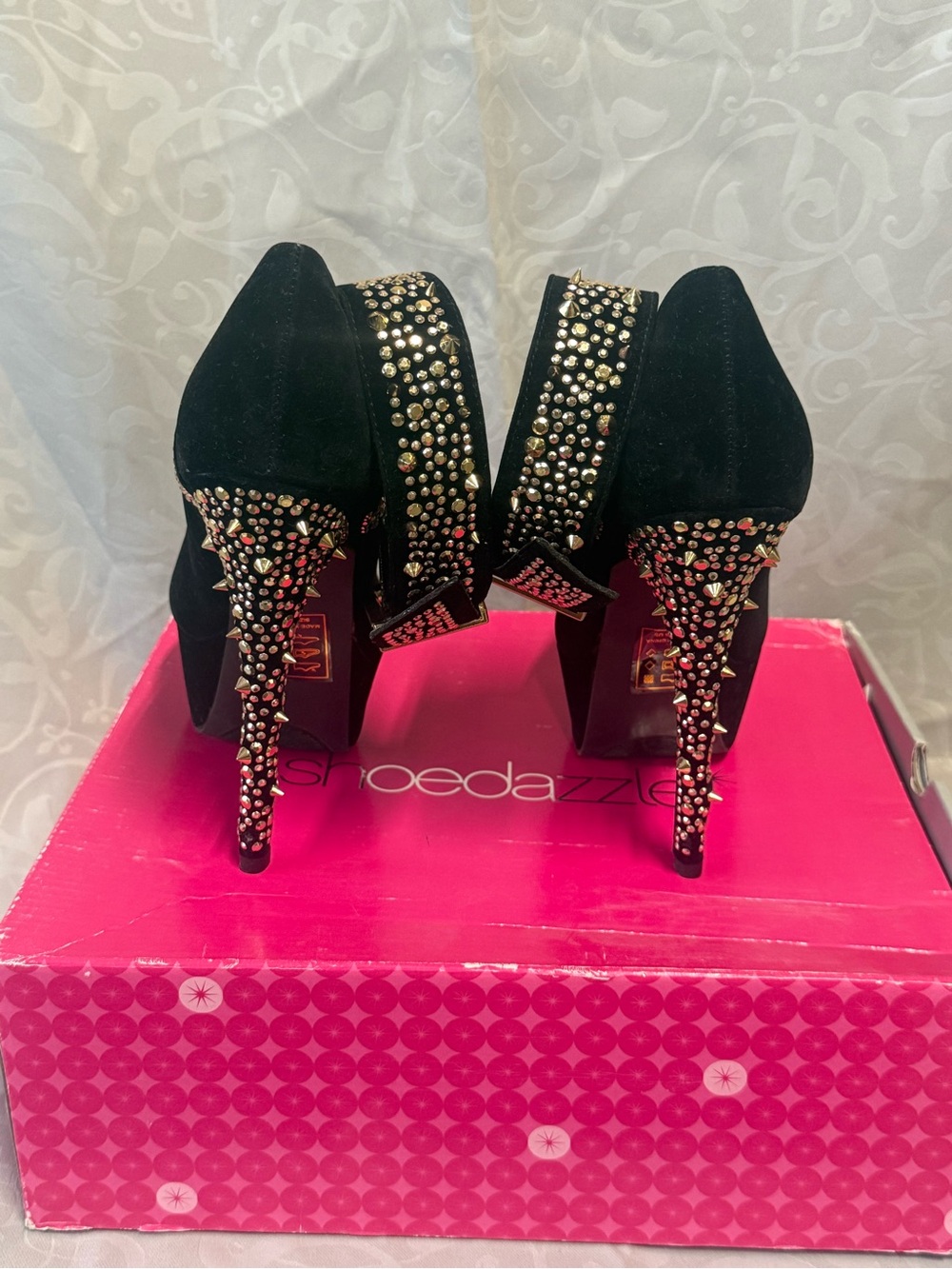 Shoe Dazzle Black Platform Pumps with Rhinestone Straps - Picture 2 of 4